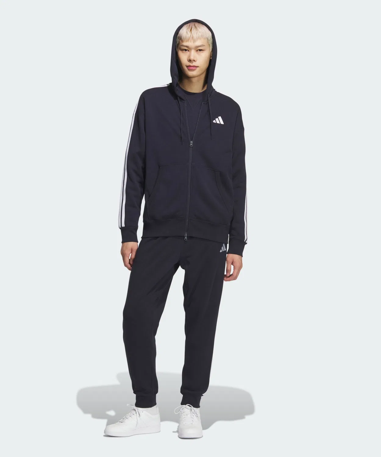 Мужской худи свободного кроя с длинным рукавомEssentials Plus Loose Fit Three Stripes French Terry Full Zip Hoodie Adidas, Blue — фото 3