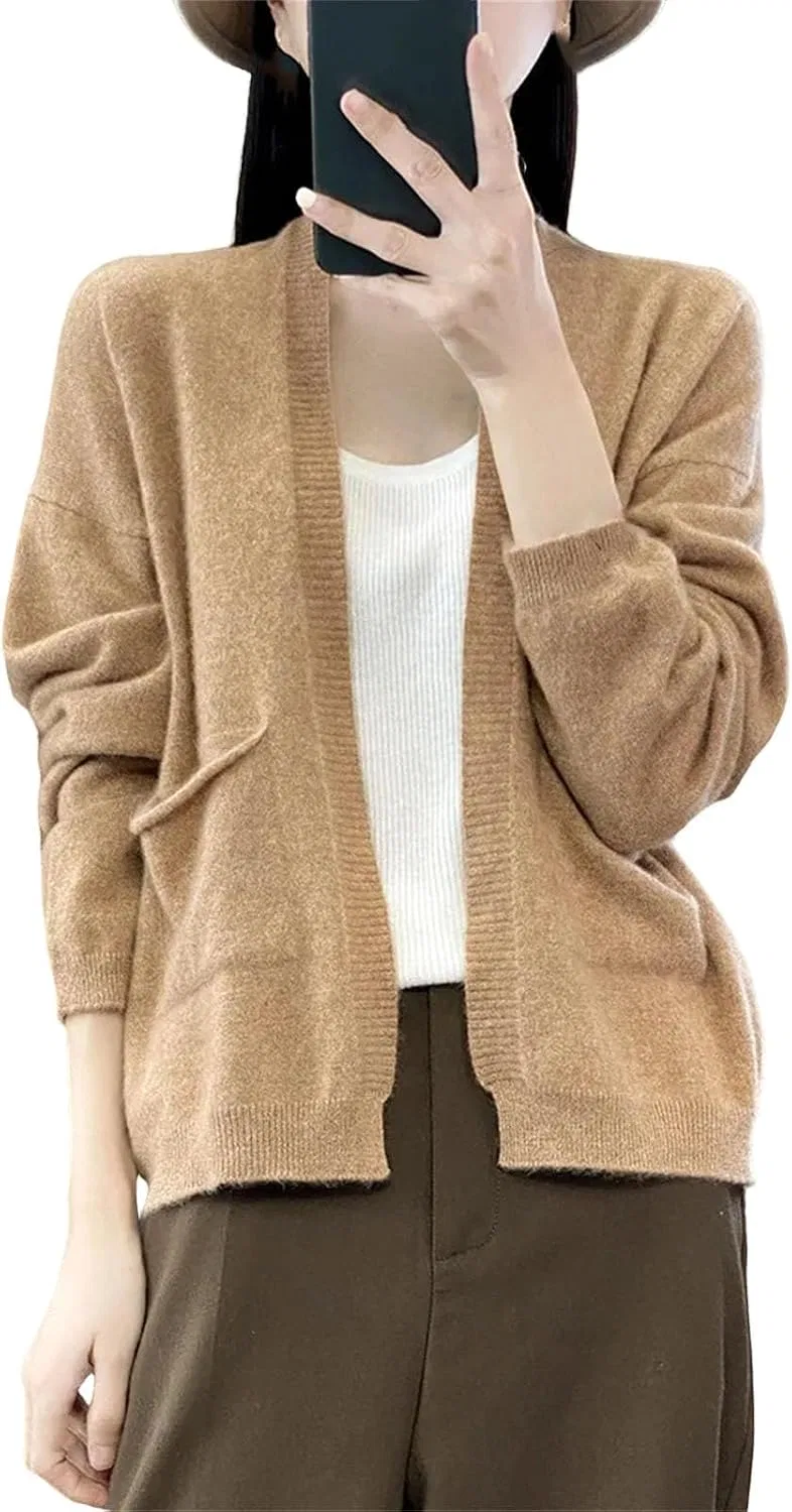 Женский кардиган с V-образным вырезом, свободный, Wool Blend, золотистый/кэмел