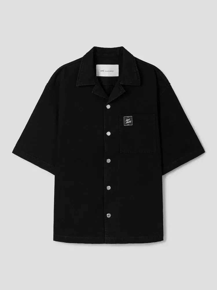 Рубашка с коротким рукавом и отложным воротником, Black Denim AMI PARIS, Black