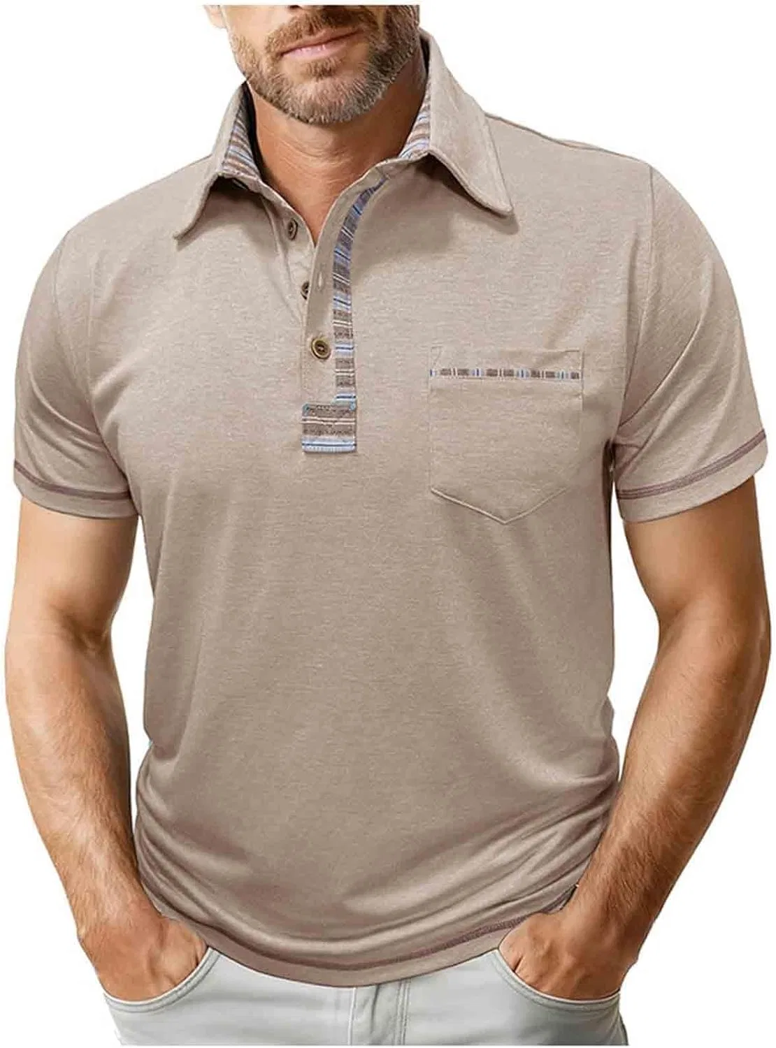 Мужская спортивная футболка поло с пуговицами и карманом, Cotton Blend, Beige