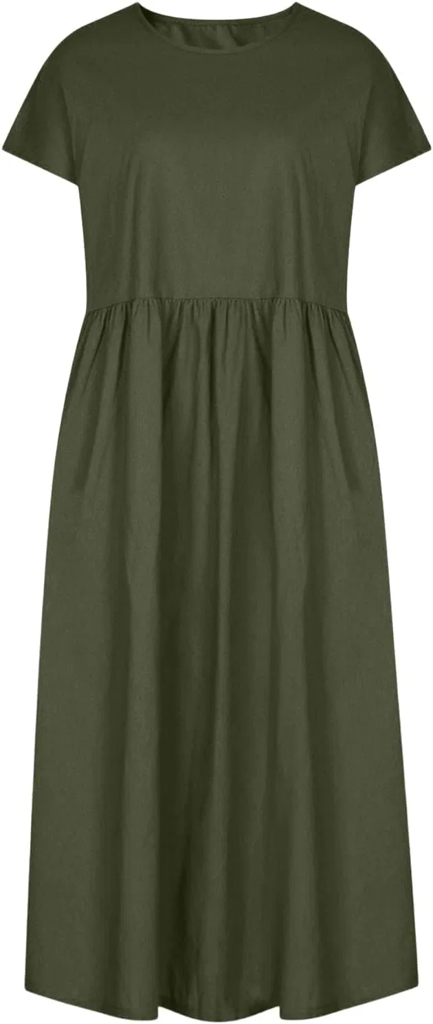 Женское летнее платье свободного кроя с коротким рукавом, Army Green — фото 4