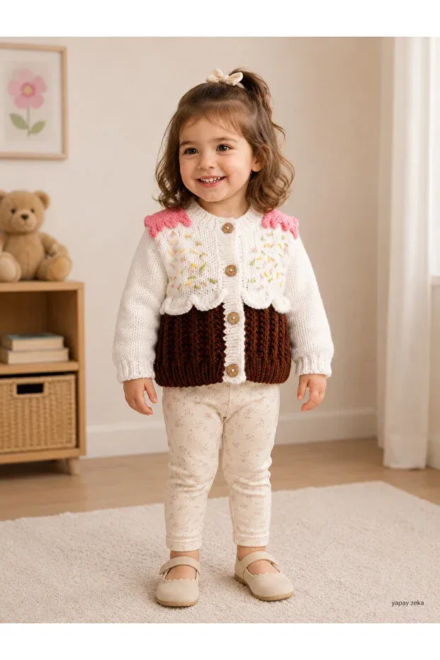 Детский кардиган для девочек с цветочным принтом Hand-Knitted baby cardigan handmade Hobilanka, White