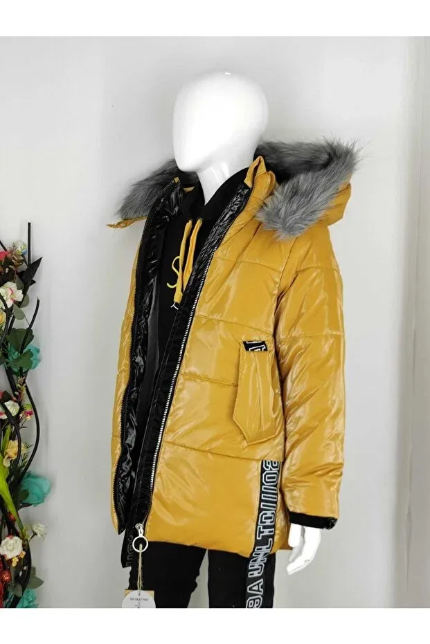 Детское пальто для девочек утепленное с капюшоном из флиса Midimod Gold, Hardal — фото 2