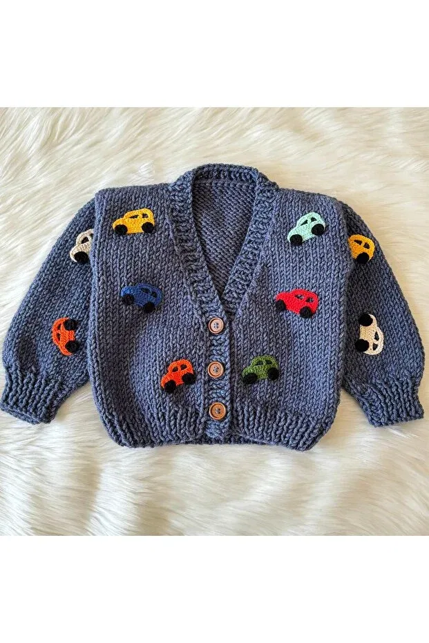 Детский кардиган с принтом Hand knitted baby/child cardigan with car motif A&D Handmade, Dark Blue