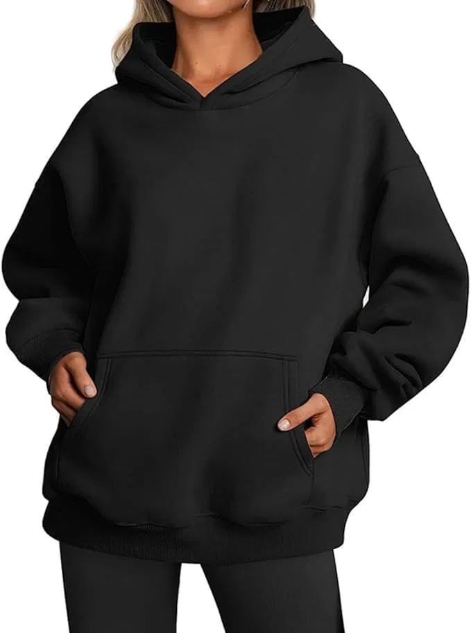 Женское худи из флиса с капюшоном, Oversized, чёрный