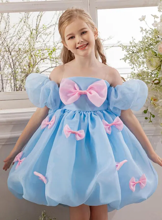 Платье с пышными рукавами и бантом Take Two, голубое — фото 3