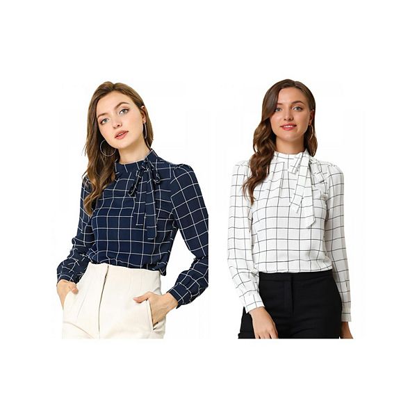 

2 упаковки женских блузок с бантом и клетчатым принтом для офиса Inspire Chic, White Navy Blue