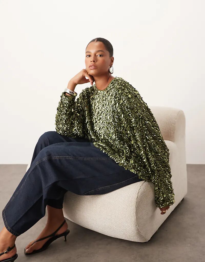 

Лонгслив ARRANGE Curve с длинными рукавами и квадратным вырезом цвета расплавленного хаки с пайетками