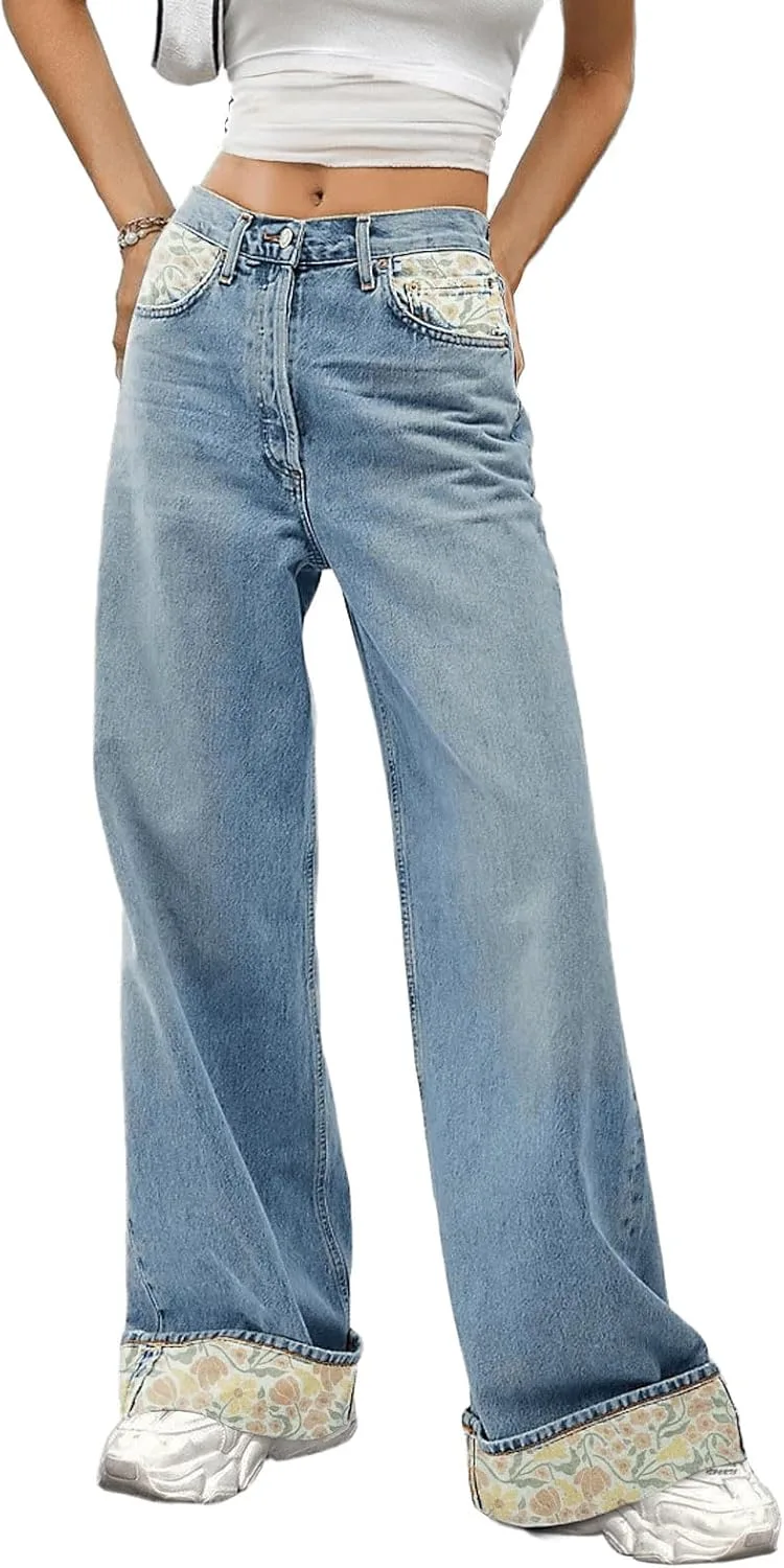 

Женские джинсы mid rise wide leg с цветочным принтом HBER