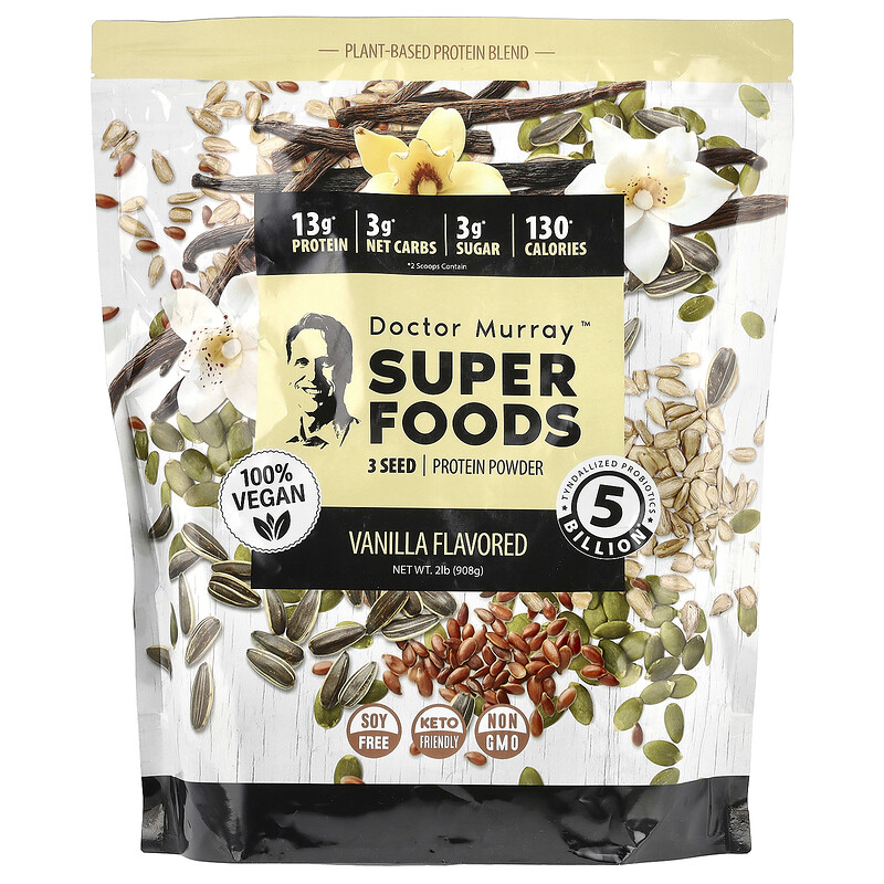 

Dr. Murray's, Super Foods, порошок из 3 протеинов, тыква + лен + подсолнечник, ваниль, 908 г (2 фунта)