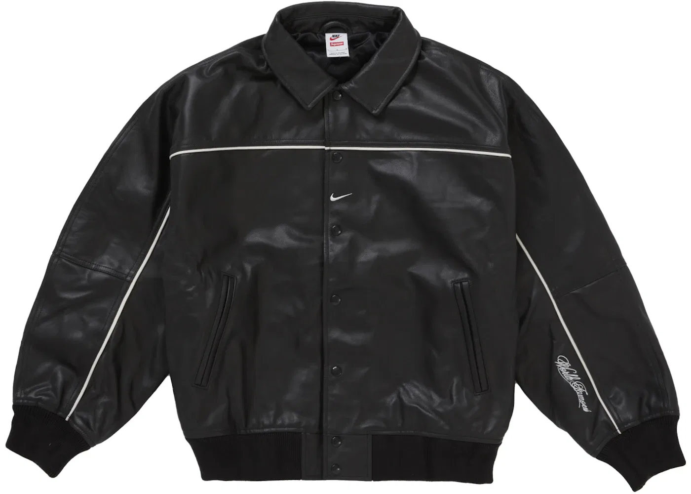 Мужская кожаная бейсбольная куртка с принтом Supreme Nike Jacket, Black