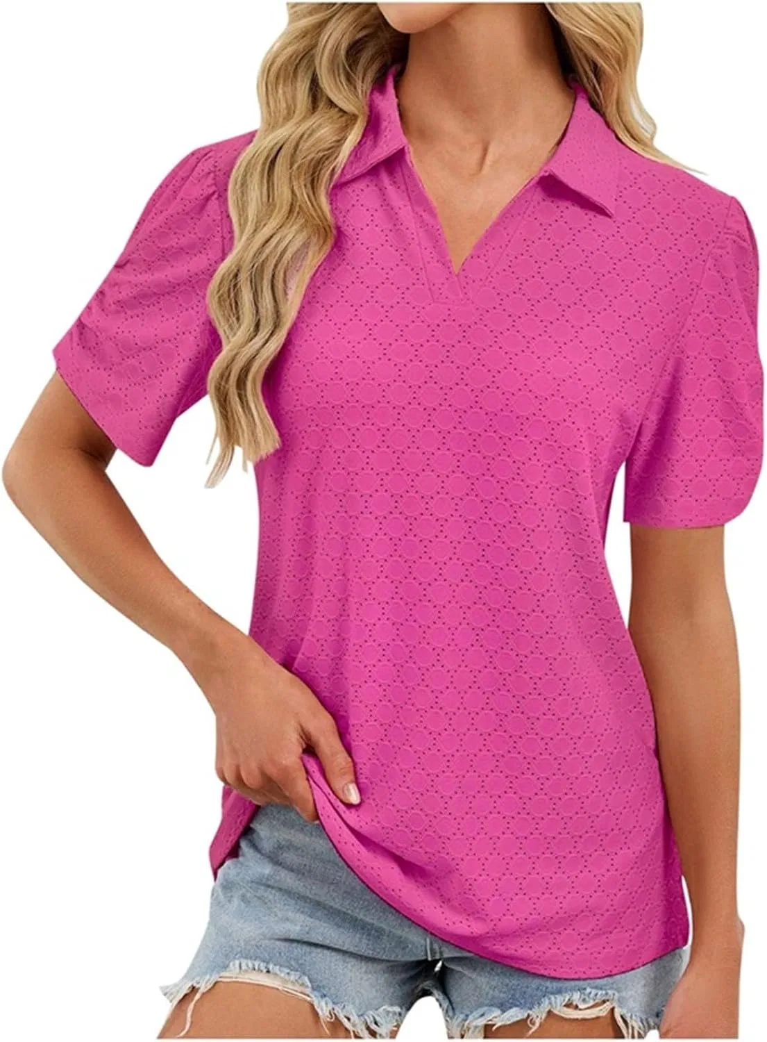 Женская свободная туника с вышивкой ажурная V-образный вырез, Hot Pink