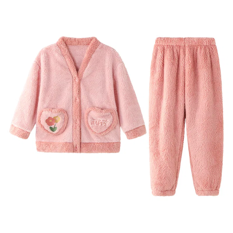 Детский комплект пижам для девочек на флисе V-образный вырез Red bean, Pink