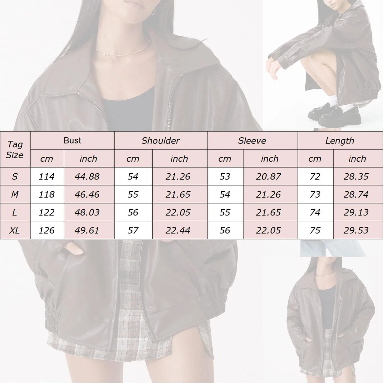 Женская кожаная куртка с молнией, свободного кроя, Y2k Style, brown — фото 4