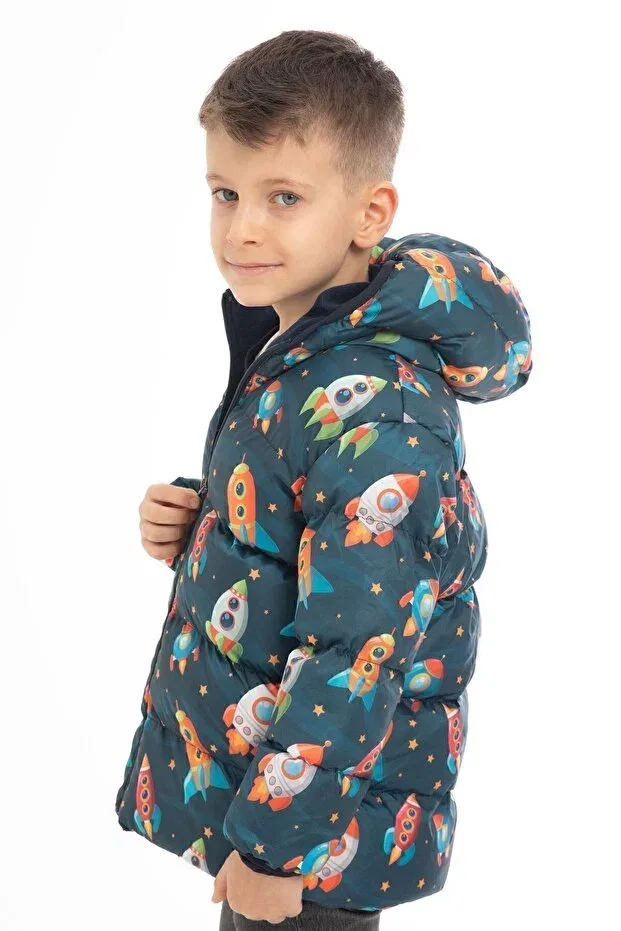Детское пальто-пуховик для мальчиков с принтом Boy'S fleece hooded rocket patterned winter puffer jacket & coat & parka Royalside, Navy Blue — фото 2