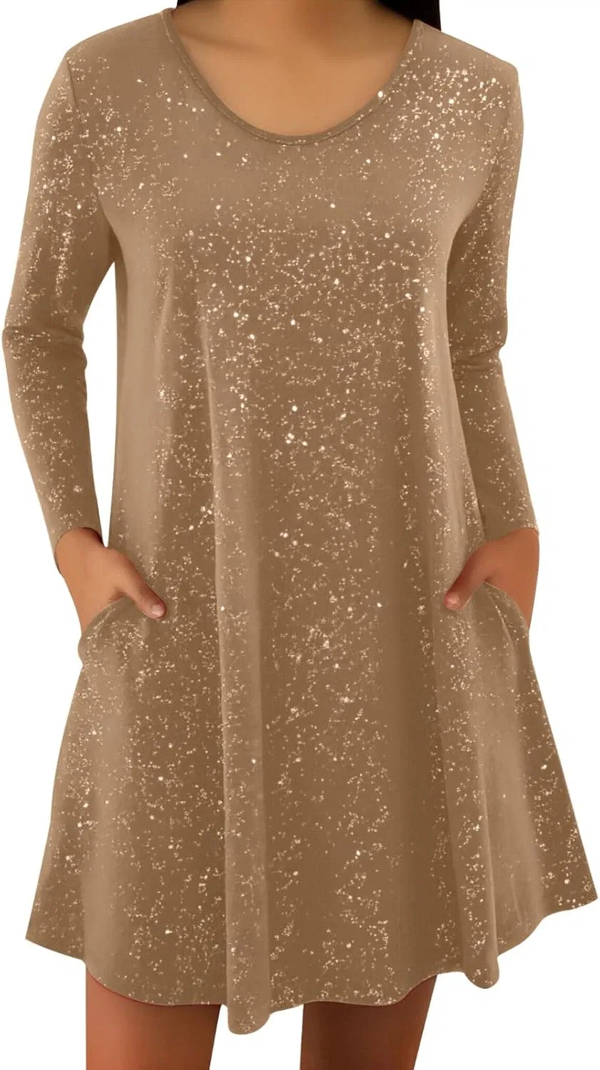 Женское платье с пайетками длинным рукавом Cocktail, Khaki