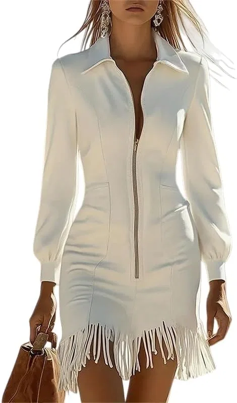 Женское платье мини с бахромой и молнией Faux Suede, White