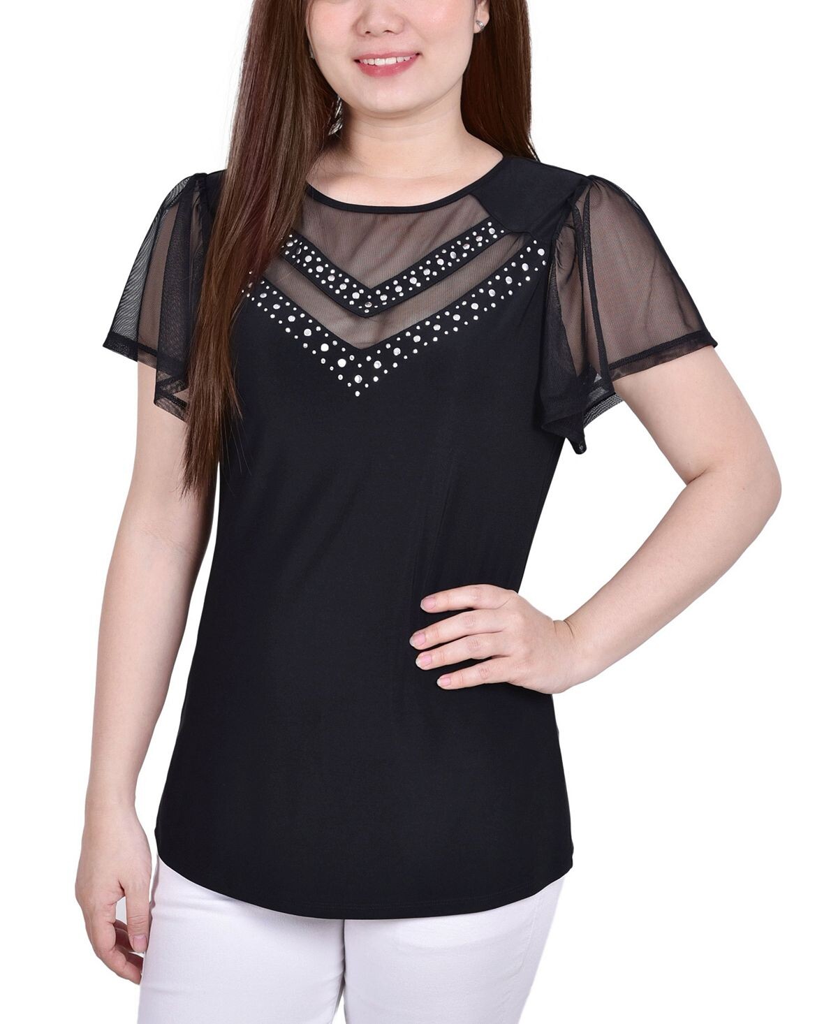 

Женский топ с заклепками и сетчатыми деталями NY Collection, черный