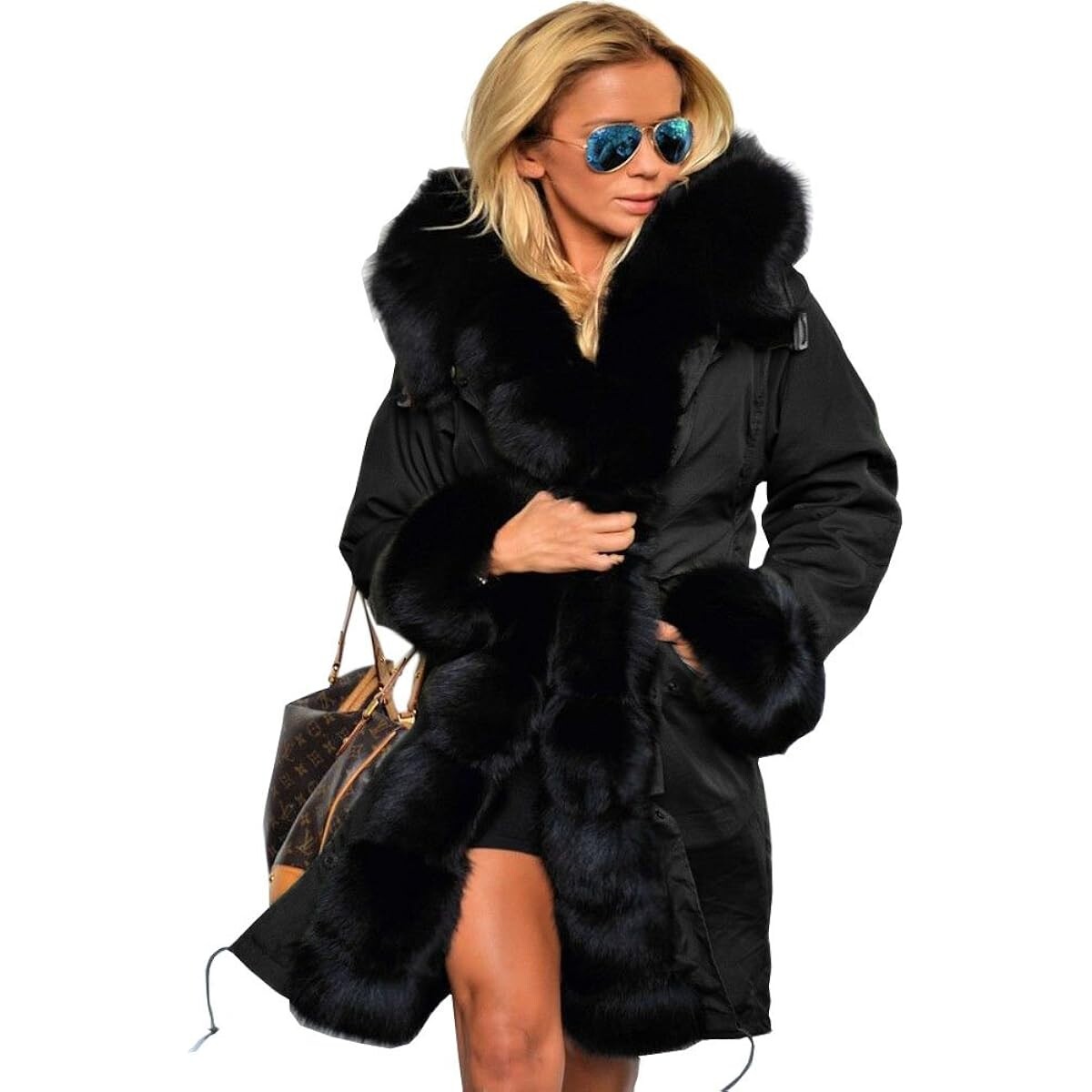 

Парка Aofur Long Warm Winter Faux Fur Collar Qulited Women's, черный