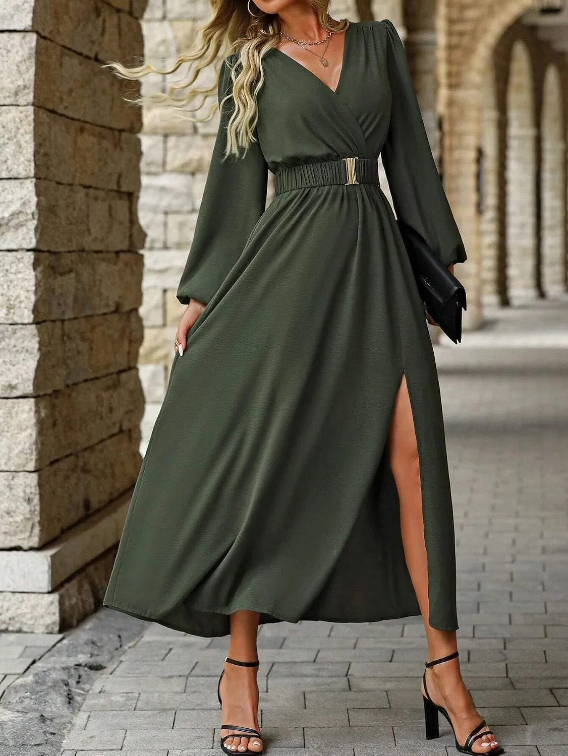 Женское A-силуэта платье с длинным рукавом и V-вырезом, Army Green — фото 4