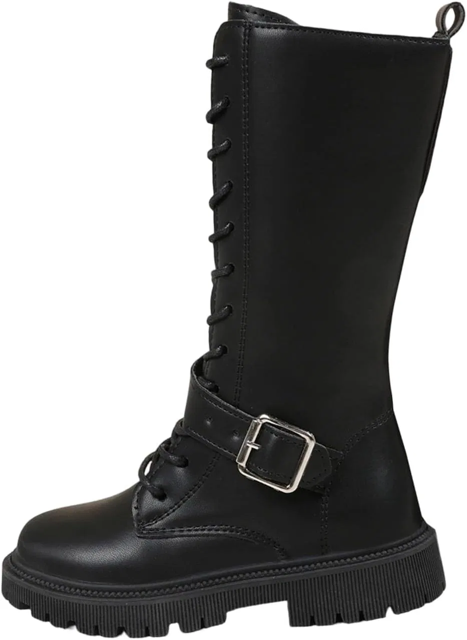 Детские ботинки для девочек на шнуровке с ремешком на пряжке Combat Boots Kids, Black