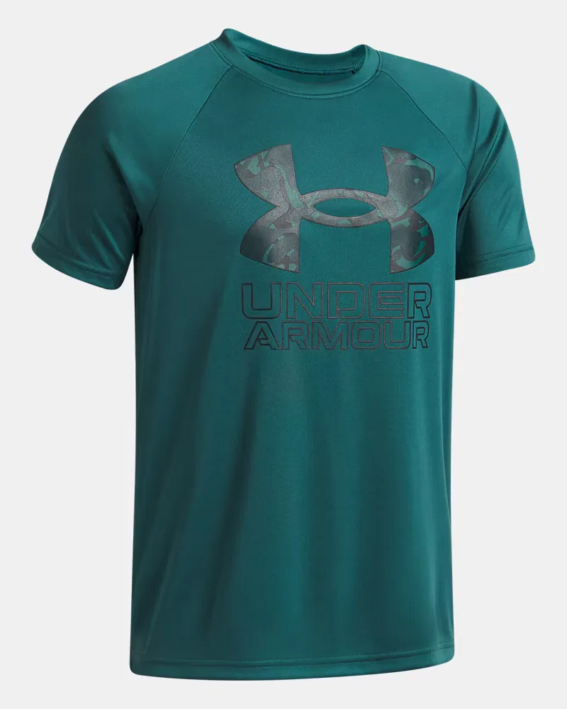 Футболка для мальчиков с коротким рукавом, влагоотводящая UA Tech Hybrid Print UnderArmour, Rack Green/Arden Green — фото 3