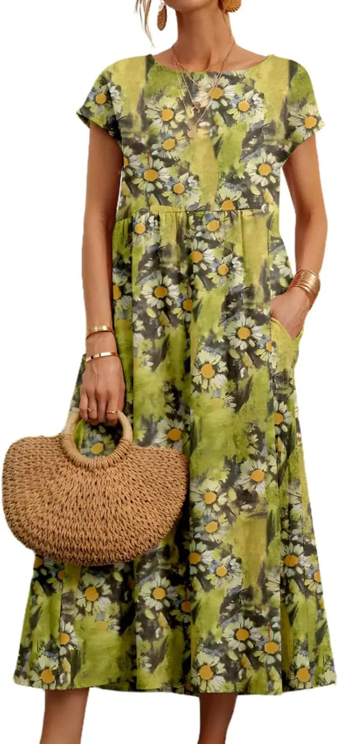Женское свободное платье-миди с коротким рукавом Cotton Linen, Yellow