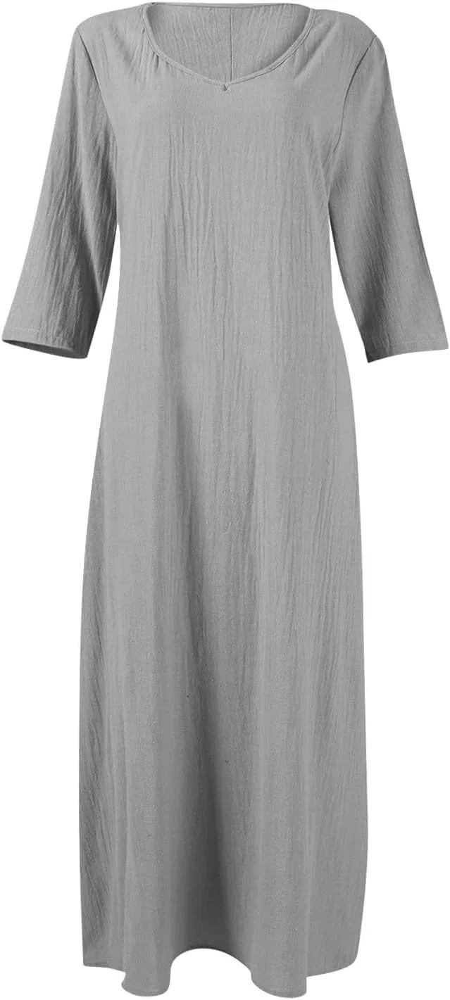 Женское летнее макси-платье богемного стиля с V-образным вырезом Cotton Linen Long Dress for Women, Grey — фото 4