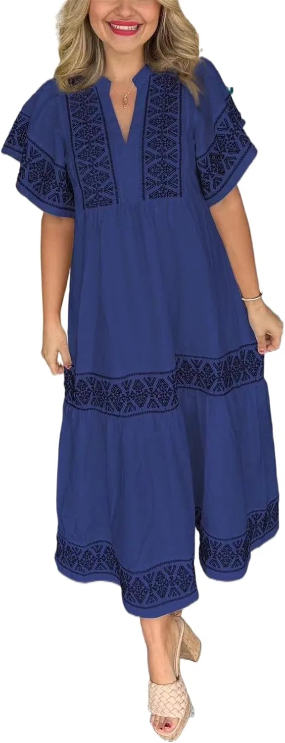 Женское свободное платье миди с V-образным вырезом и рюшами, Navy Blue