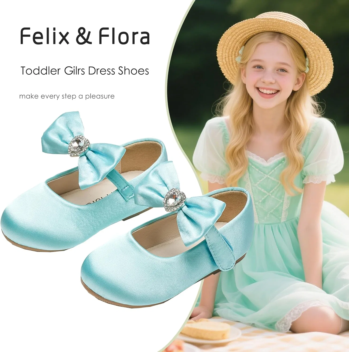 Детские туфли-балетки для девочек с цветочным принтом Felix & Flora, Turquoise — фото 4
