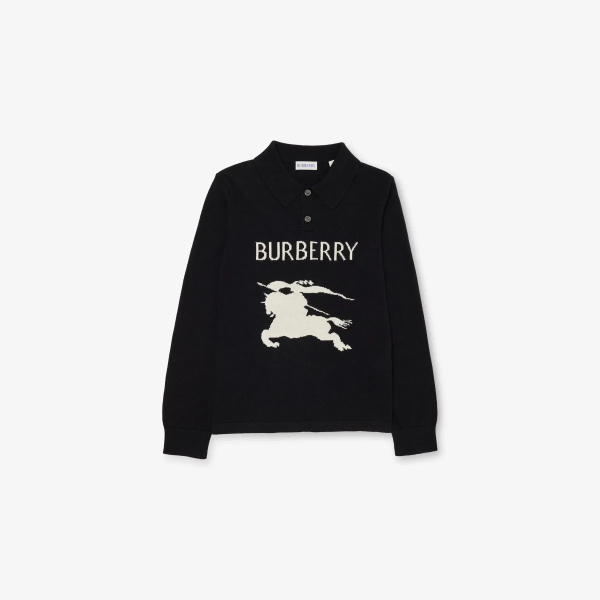 Хлопковая рубашка-поло с длинными рукавами и интарсией, размер 4-14 лет Burberry, черный