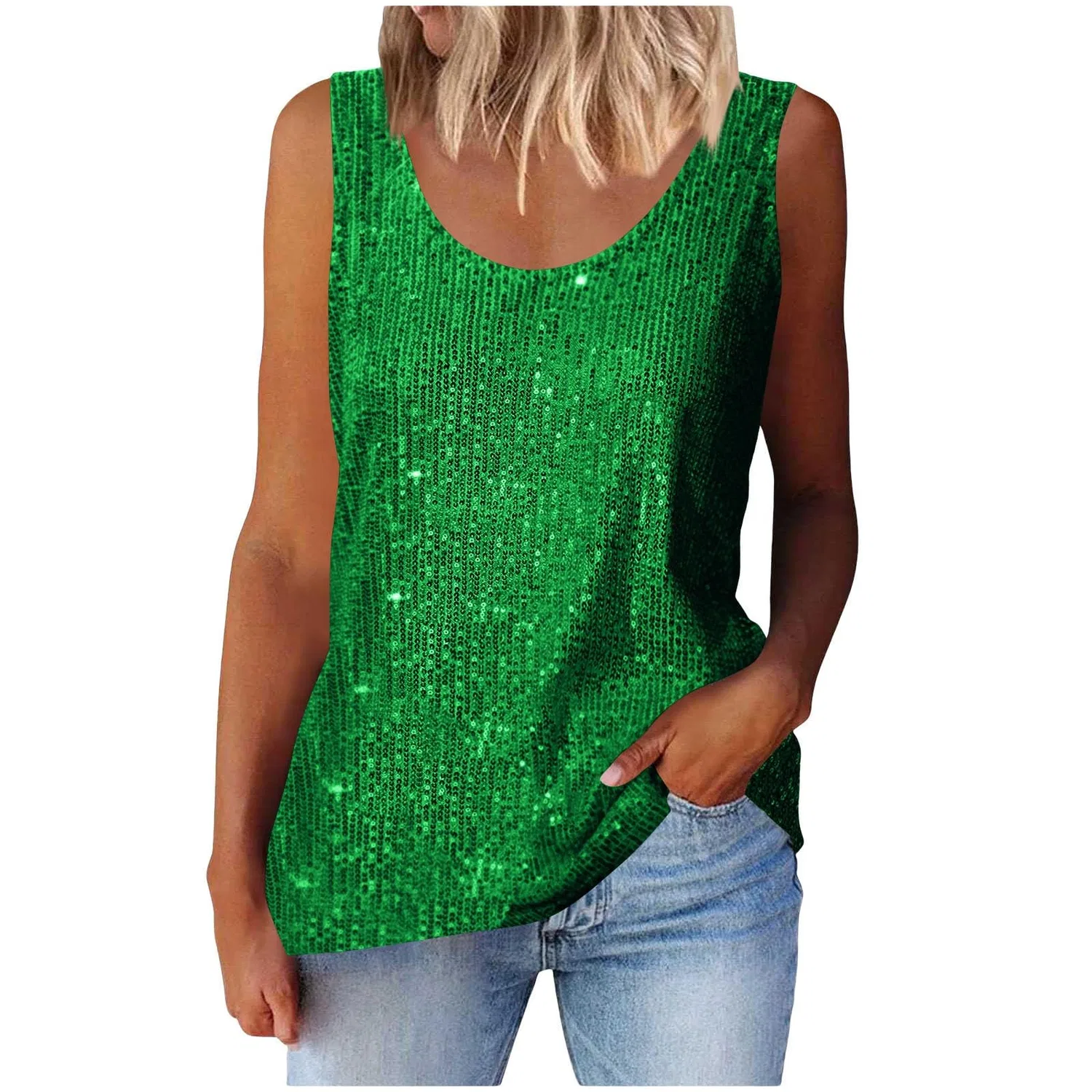 Женская туника без рукавов с блестками Sparkly Elegant Loose Sleeveless Tunic Top, Green Mint