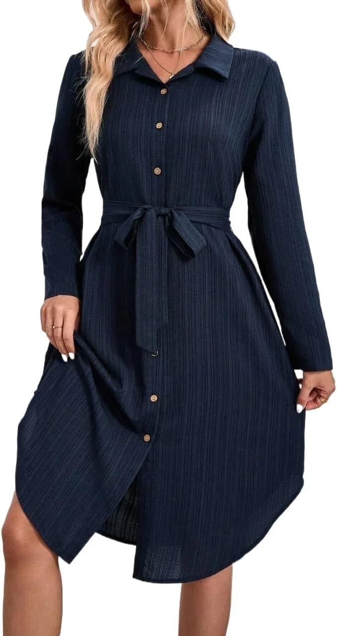 Женское повседневное платье-рубашка с поясом, Navy Blue