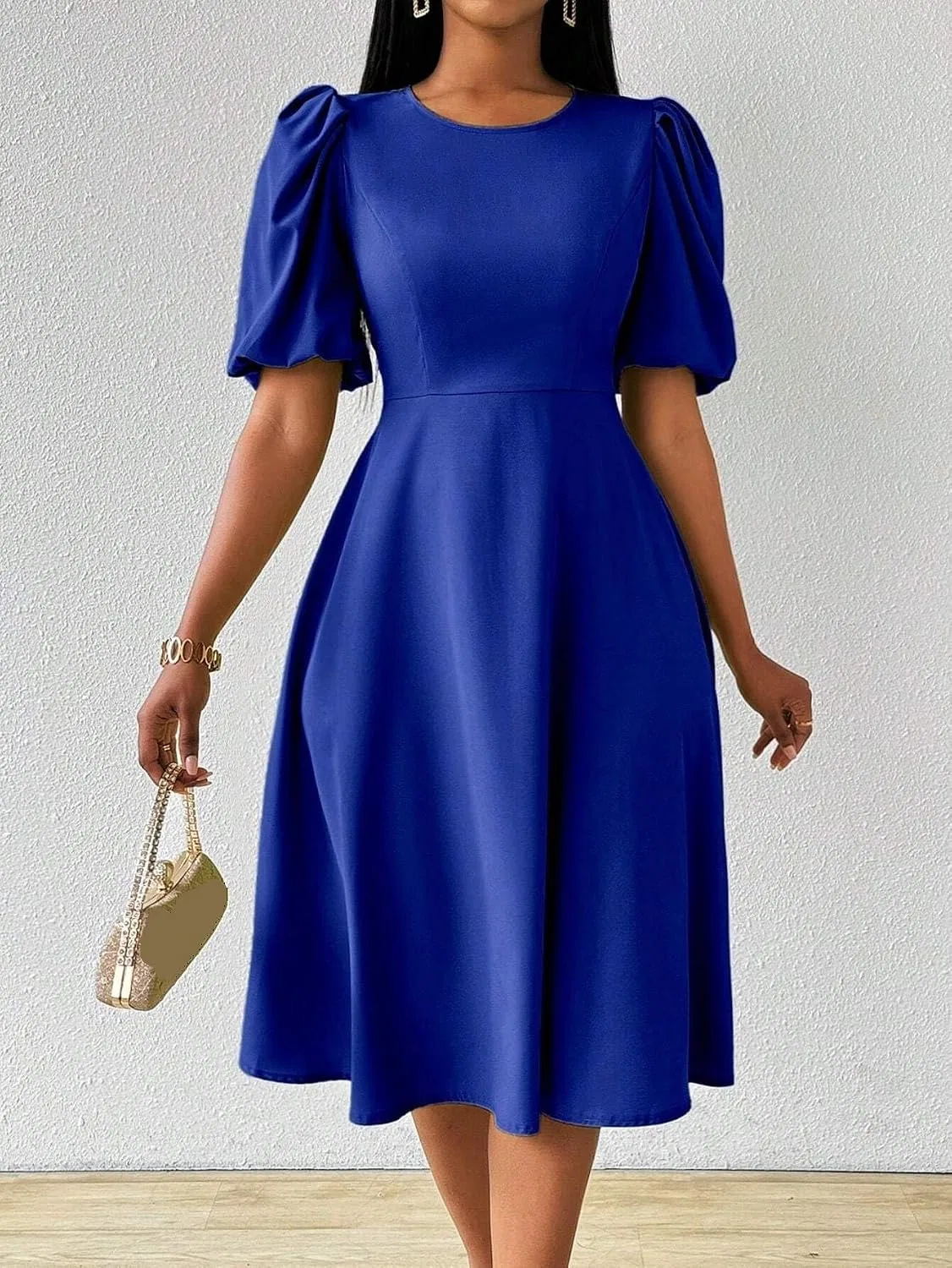 Женское платье А-силуэта с пышными рукавами, миди, Royal Blue — фото 4