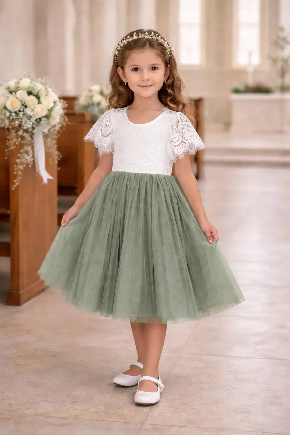 Детское платье с летящим рукавом Bohemian Flutter Tea Dress Uk Flower Girl Boutique, Green