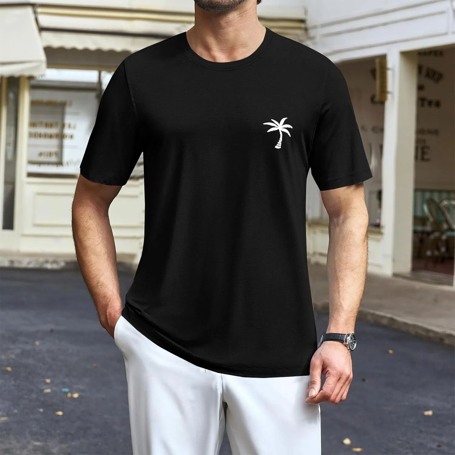 Мужская футболка с принтом пальмы Crew Neck Miyaomn, Black — фото 3