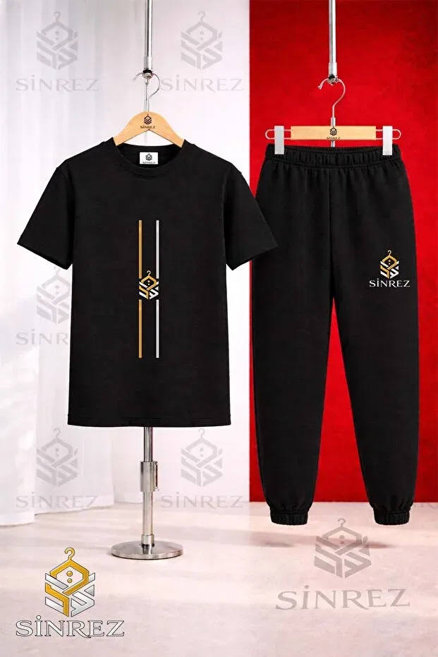 Детский комплект для девочек с принтом Children'S Logo Dik Iki Cizgi Printed 3-Piece T-Shirt And Tracksuit Set Sinrez, Black - Gray - Navy Blue — фото 2