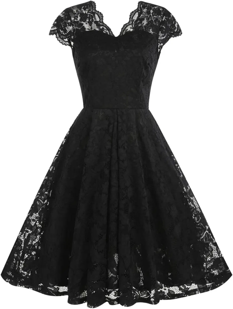 Женское коктейльное платье с кружевом V-образным вырезом A-line, Black