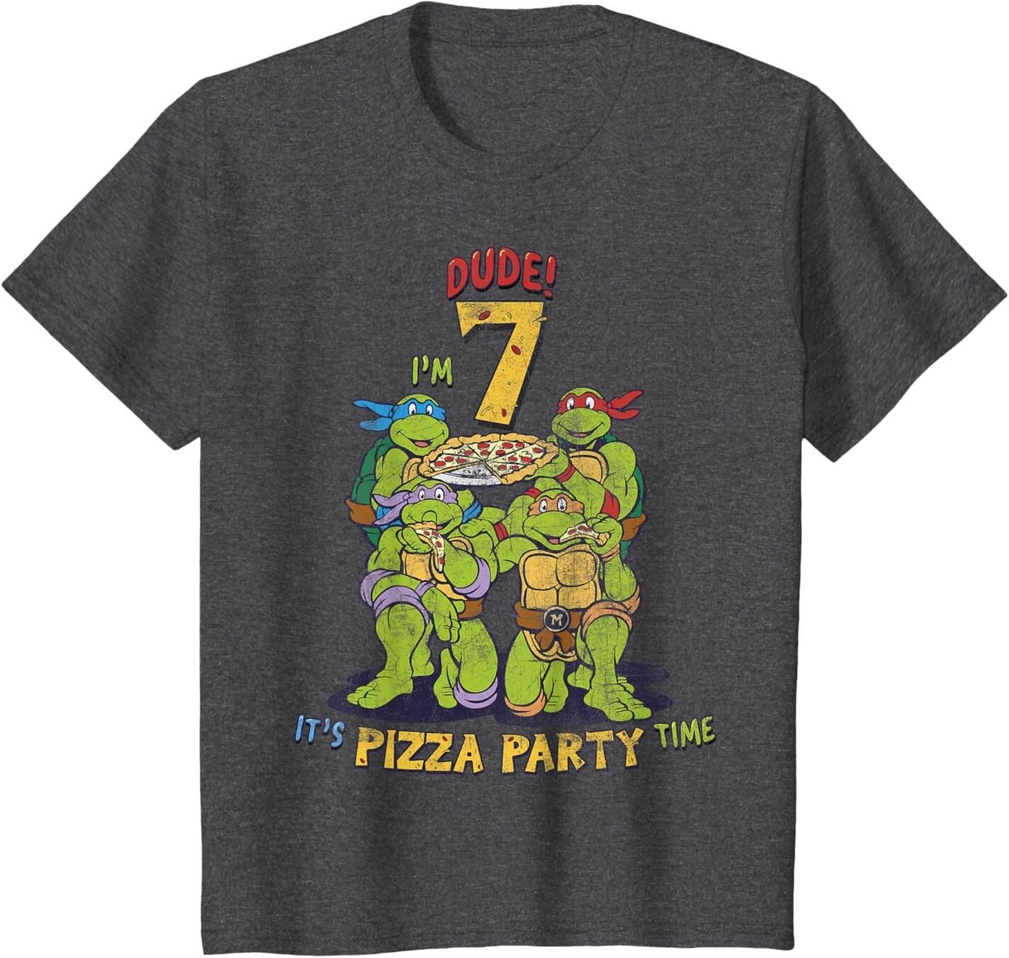 

Футболка для подростков Teenage Mutant Ninja Turtles I'm 7 Dude Pizza Birthday Party, темно-серый вереск