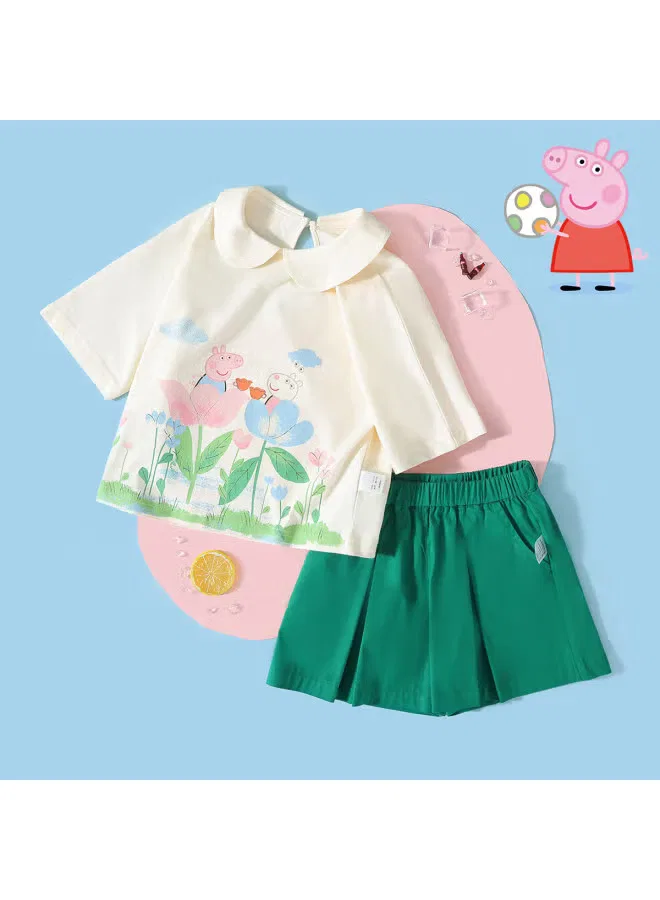Комплект летний тонкий с мультяшным принтом Peppa Pig, белый с зеленым — фото 2