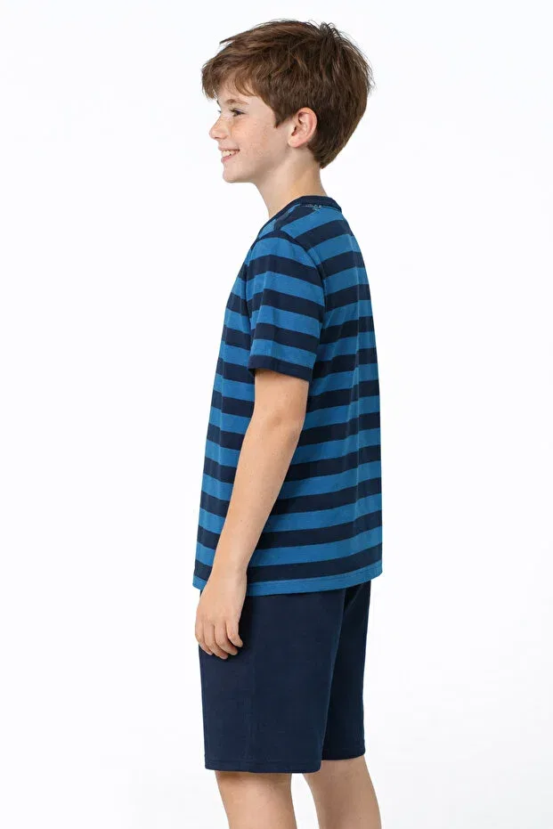 Детские хлопковое пижамное шорт-сет для мальчиков Boy's navy blue striped waiter boy organic cotton shorts pajama set Cirilo, Navy Blue — фото 2