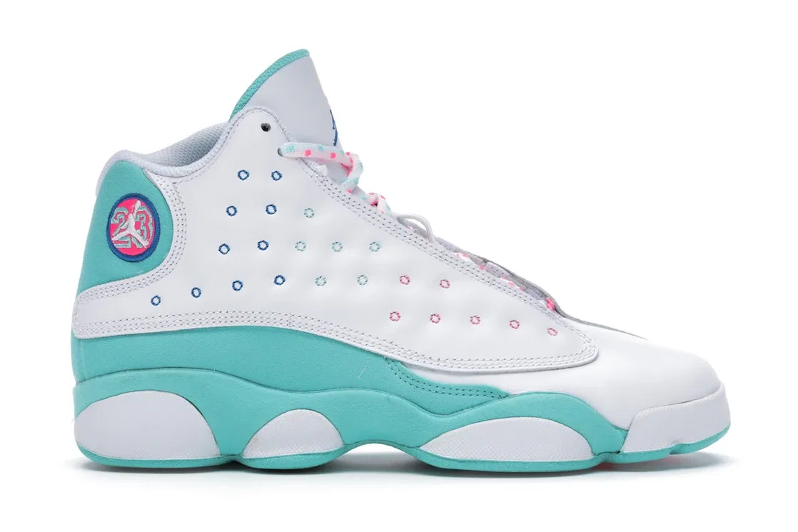 Детские кроссовки для мальчиков и девочек с принтом Jordan 13 Retro Jordan, White/Soar-Green-Pink