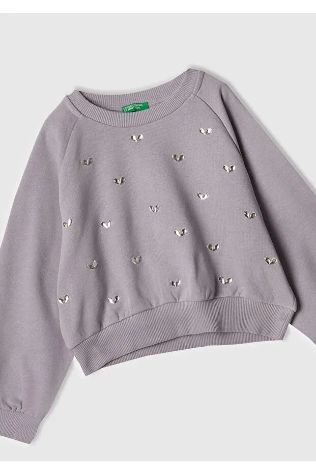 Детские свитшот для девочек с длинным рукавом Girl'S lilac ribbed crew neck sweatshirt with stone detail on the front United Colors Of Benetton, Lilac — фото 2