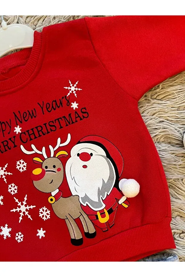 Детский спортивный костюм с принтом New Year'S Pompom Detailed Winter Hoodie Enes Baby, Red Santa Claus — фото 2