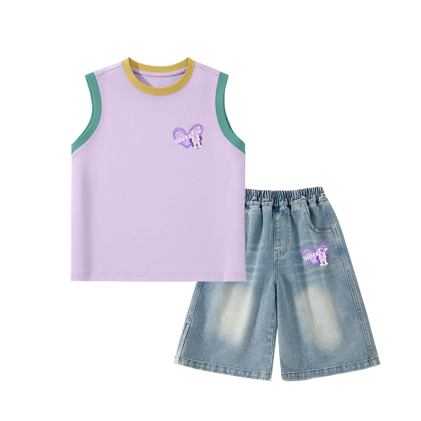 Детский спортивный костюм, круглый вырез, тонкий трикотаж, Disney, Yellow Purple