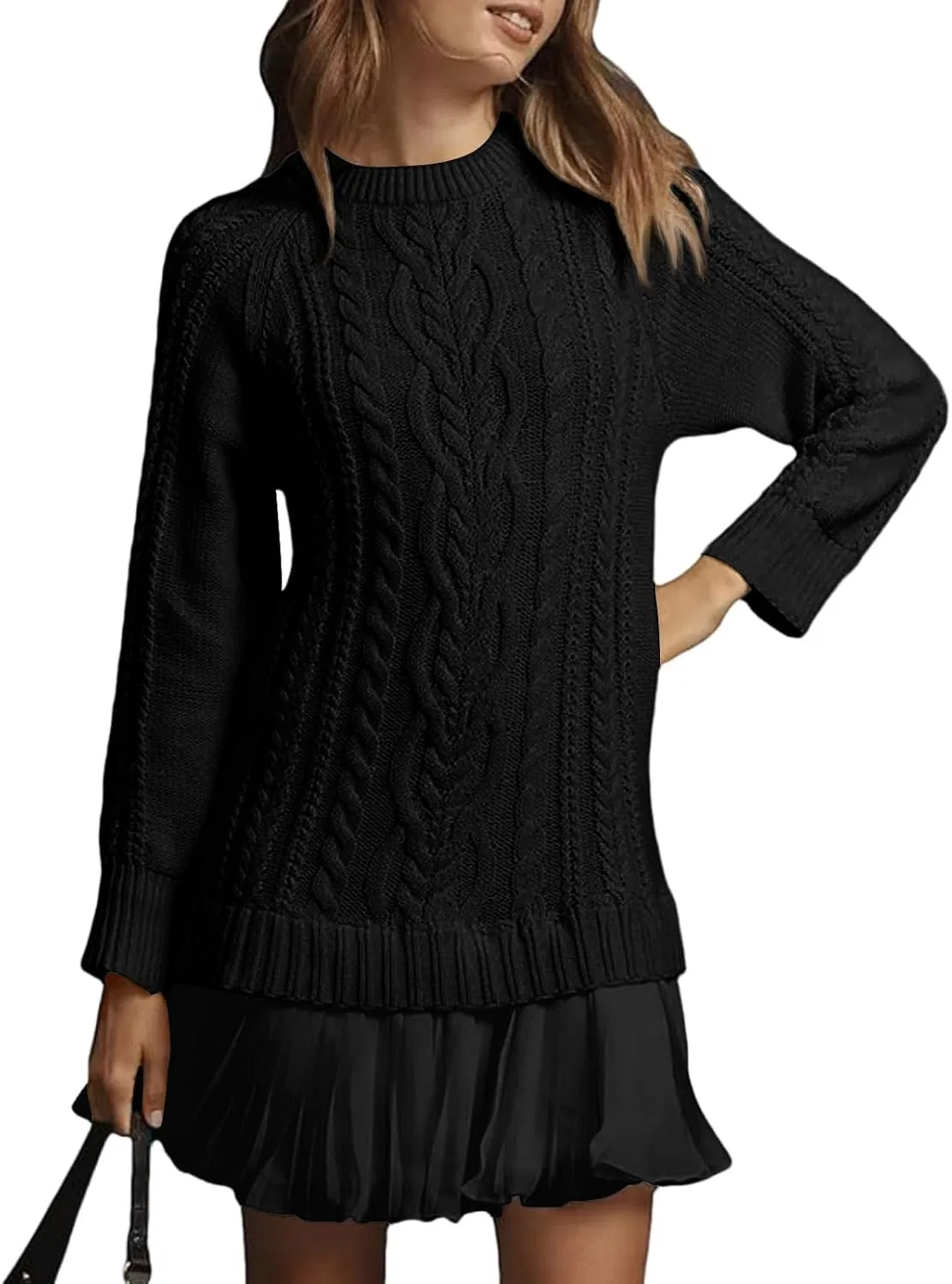 Женское мини-платье свитер с кабельной вязкой Patchwork Twofer, Black