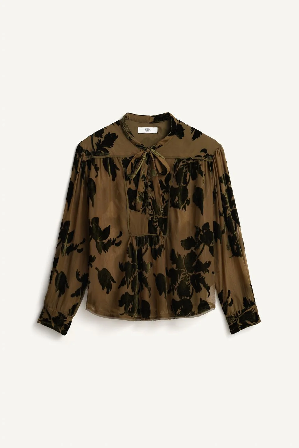 Блуза Zara с цветочным узором и бантом, темно-оливковый — фото 4