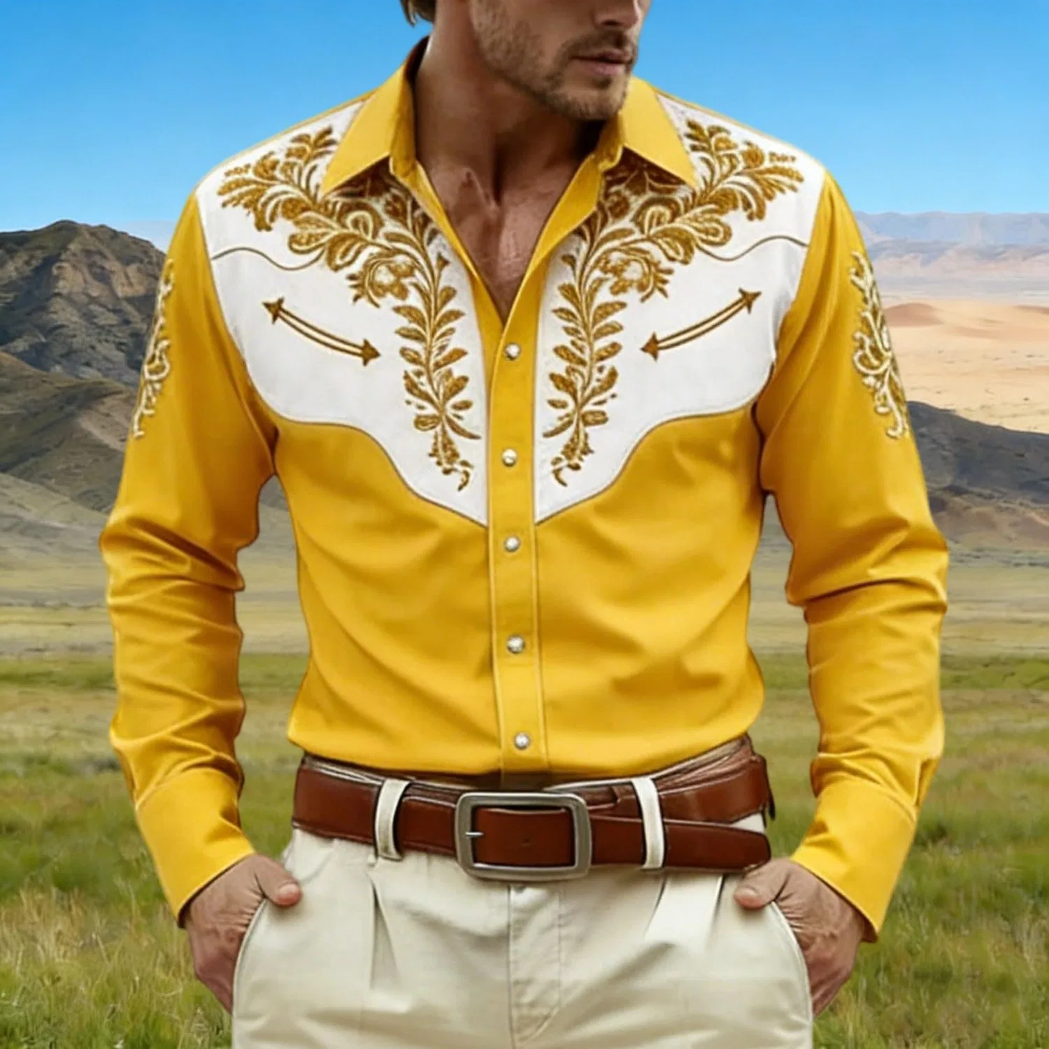 Мужская рубашка с длинным рукавом с вышивкой Western Shirt Cowboy Costume, #011-giallo — фото 2
