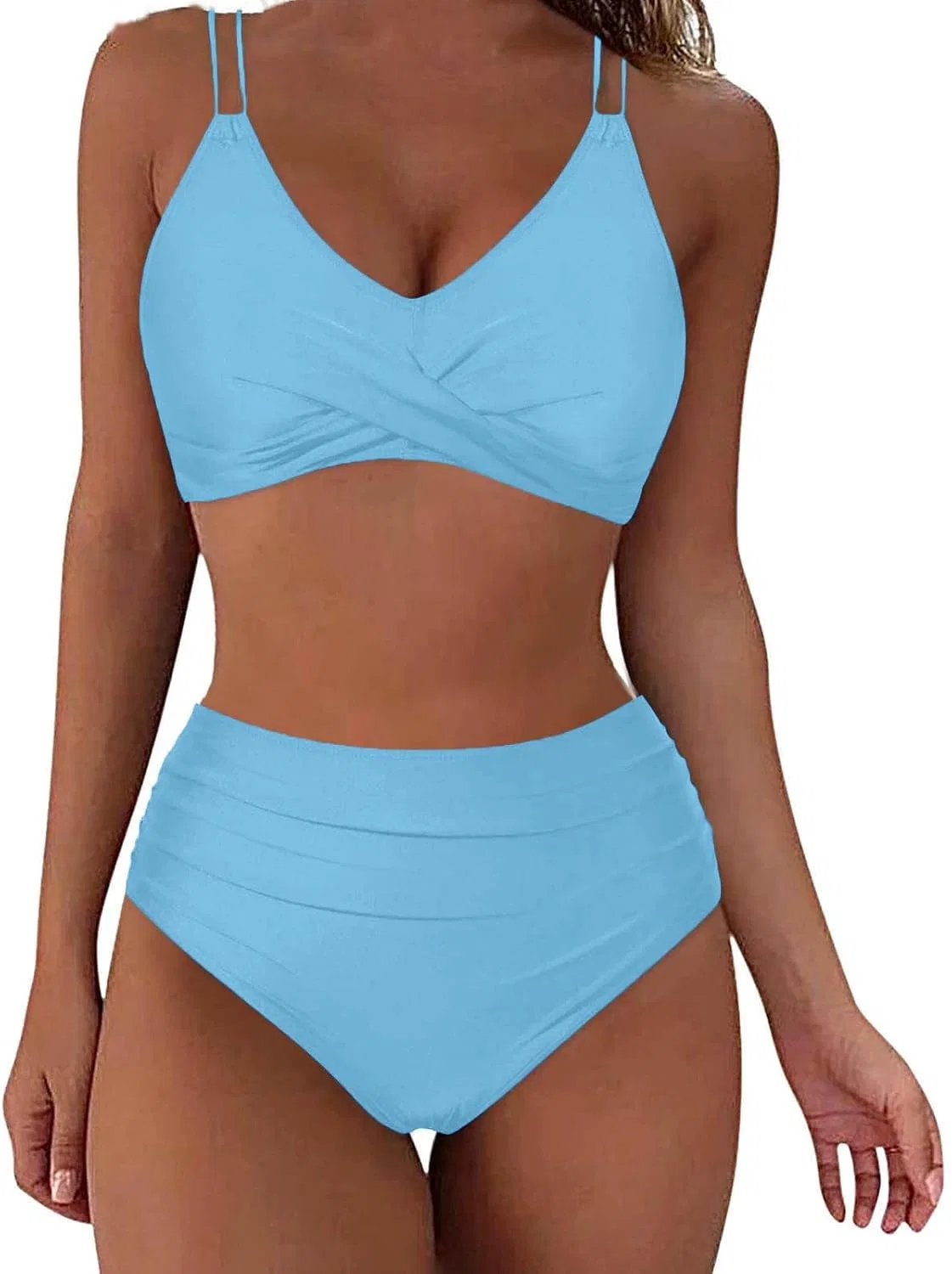Женский высокий бикини-сет с утяжкой живота Solid Color, Dark Blue — фото 2