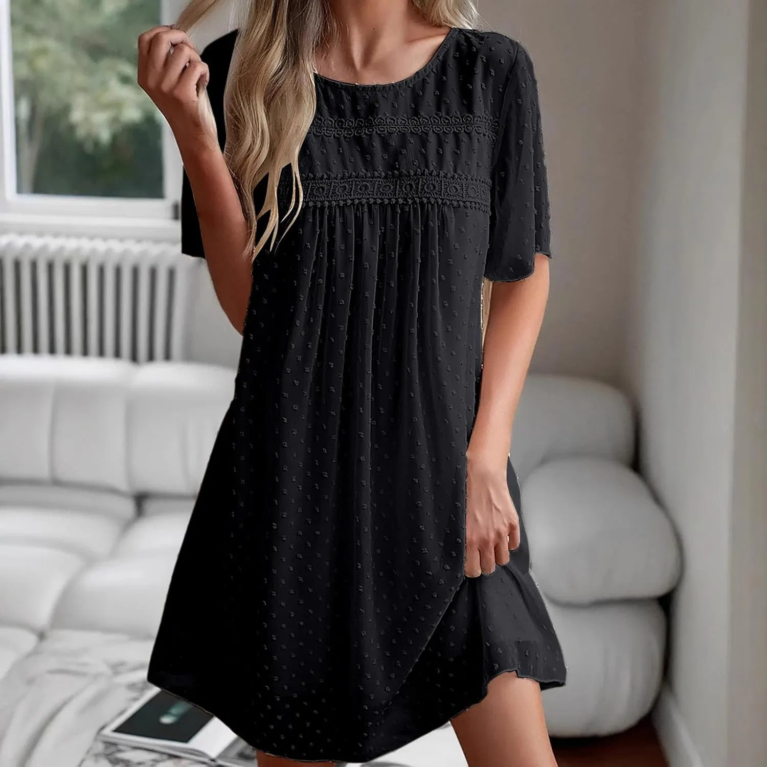 Женское повседневное платье с воротником-стойкой и коротким рукавом, Black — фото 2